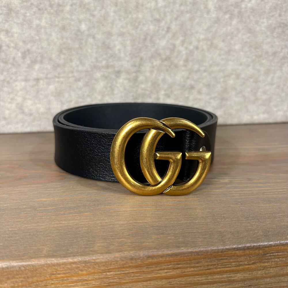 Gucci GG Marmont Style Wide Black Leather Belt Gold Buckle - Actual Length 37.5"